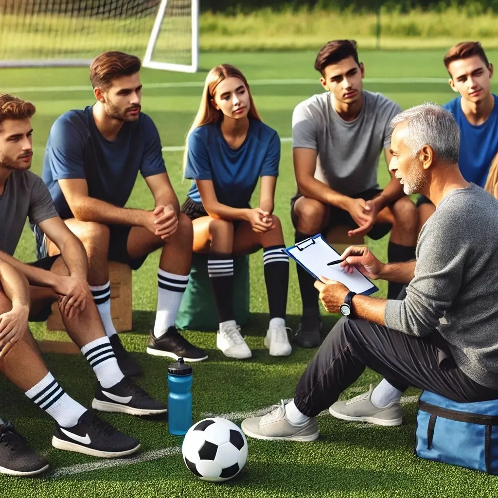 Football trainer with a group of players