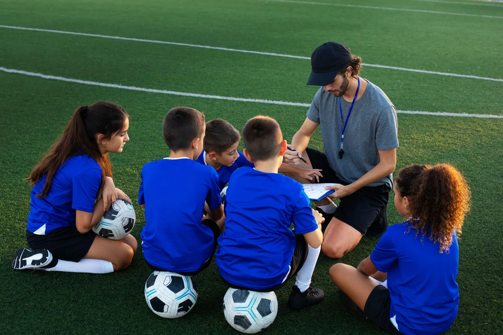 Football trainer teaching kids